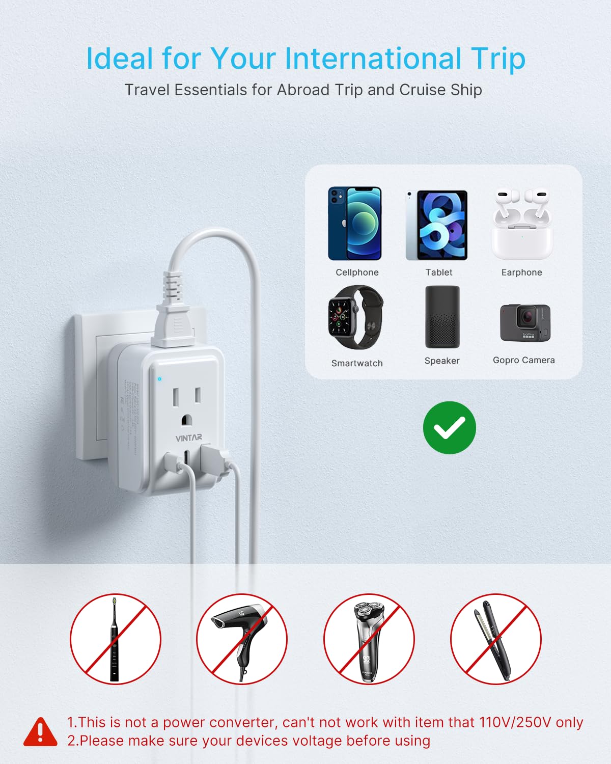 VINTAR compact cruise ship–approved travel adapter for light luggage