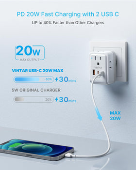 VINTAR European outlets four-ac three-usb multiport adapter front view