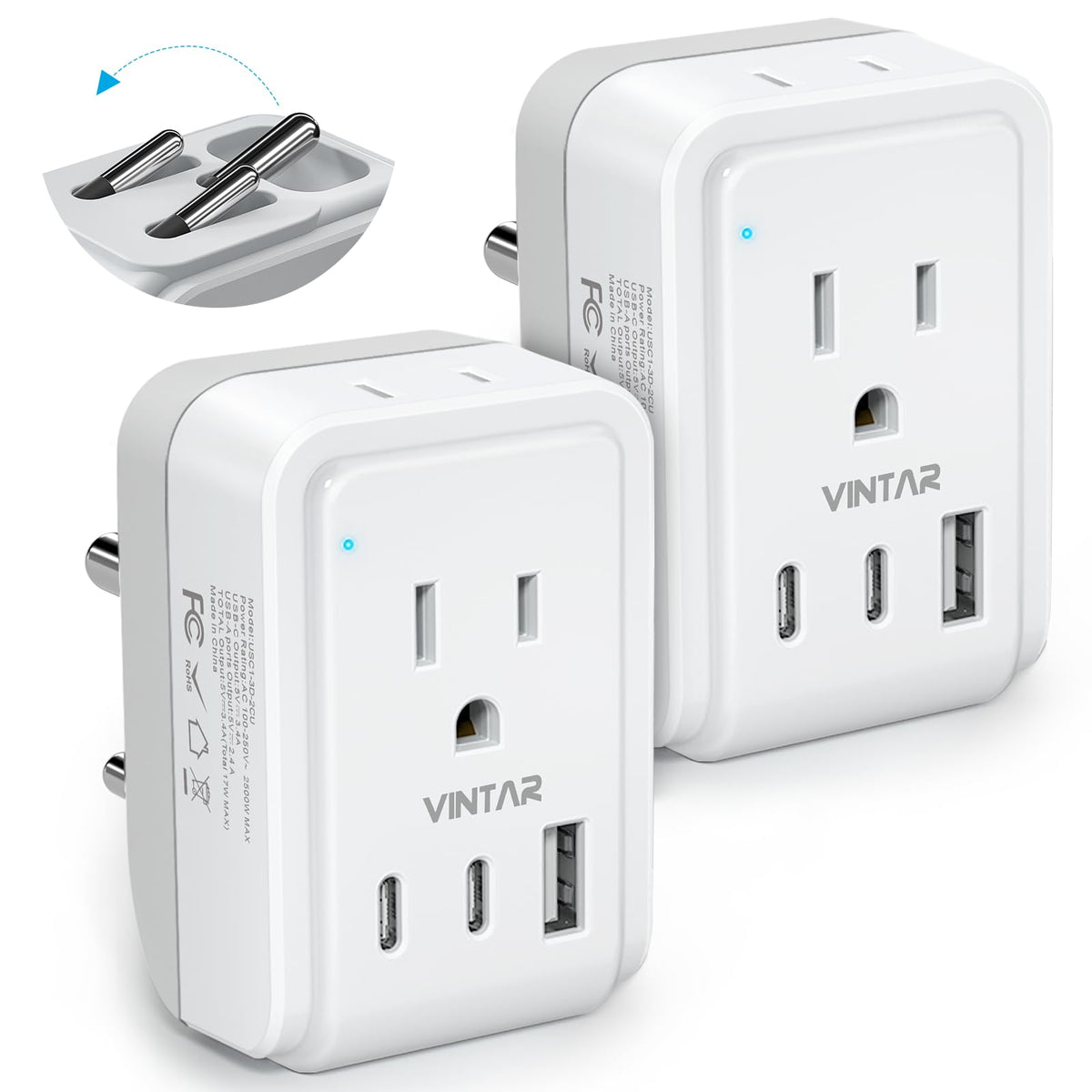 VINTAR foldable India adapter with two outlets and three USB ports for convenient travel.
