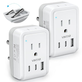 VINTAR foldable India adapter with two outlets and three USB ports for convenient travel.