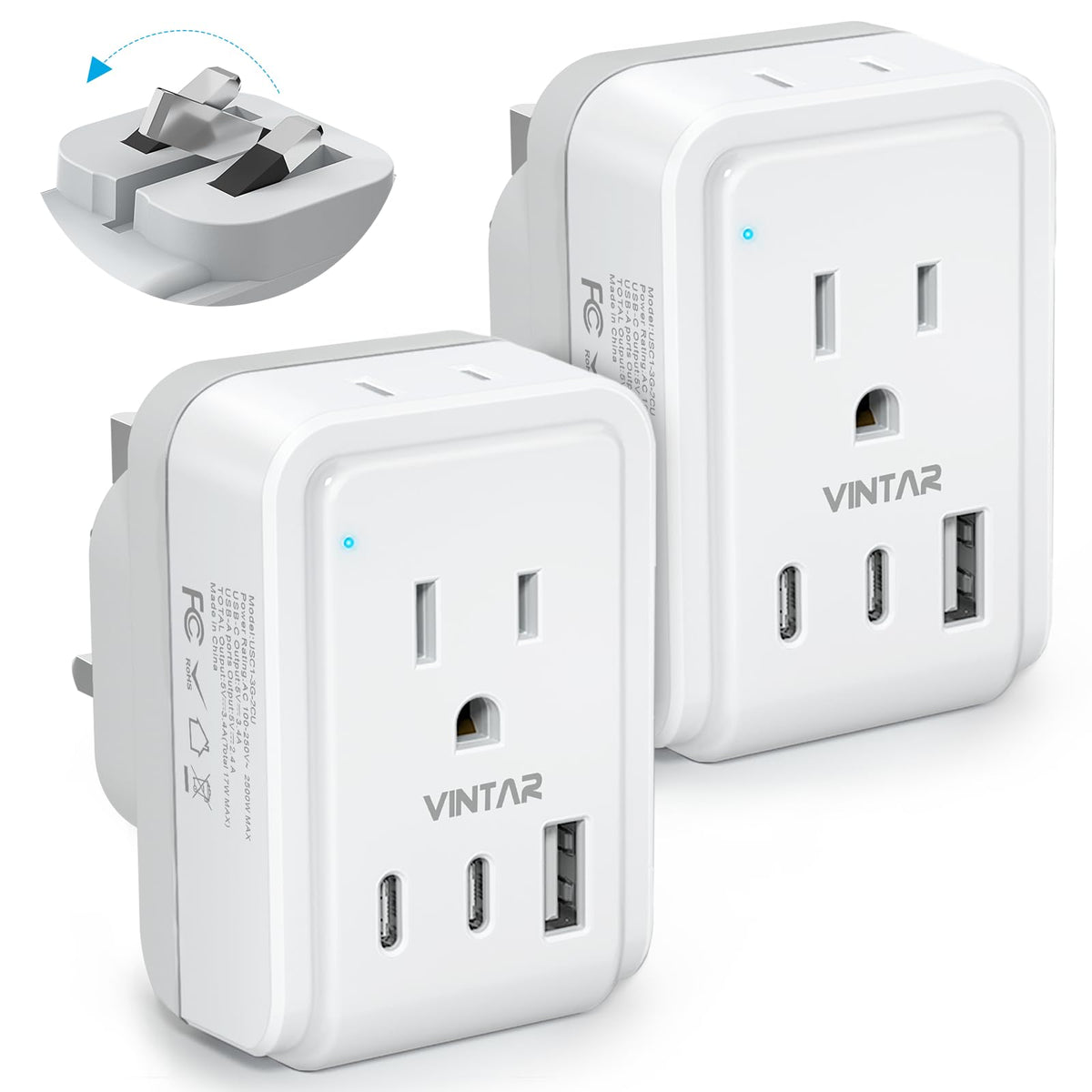 VINTAR foldable Type G adapter with folded prongs for compact travel.