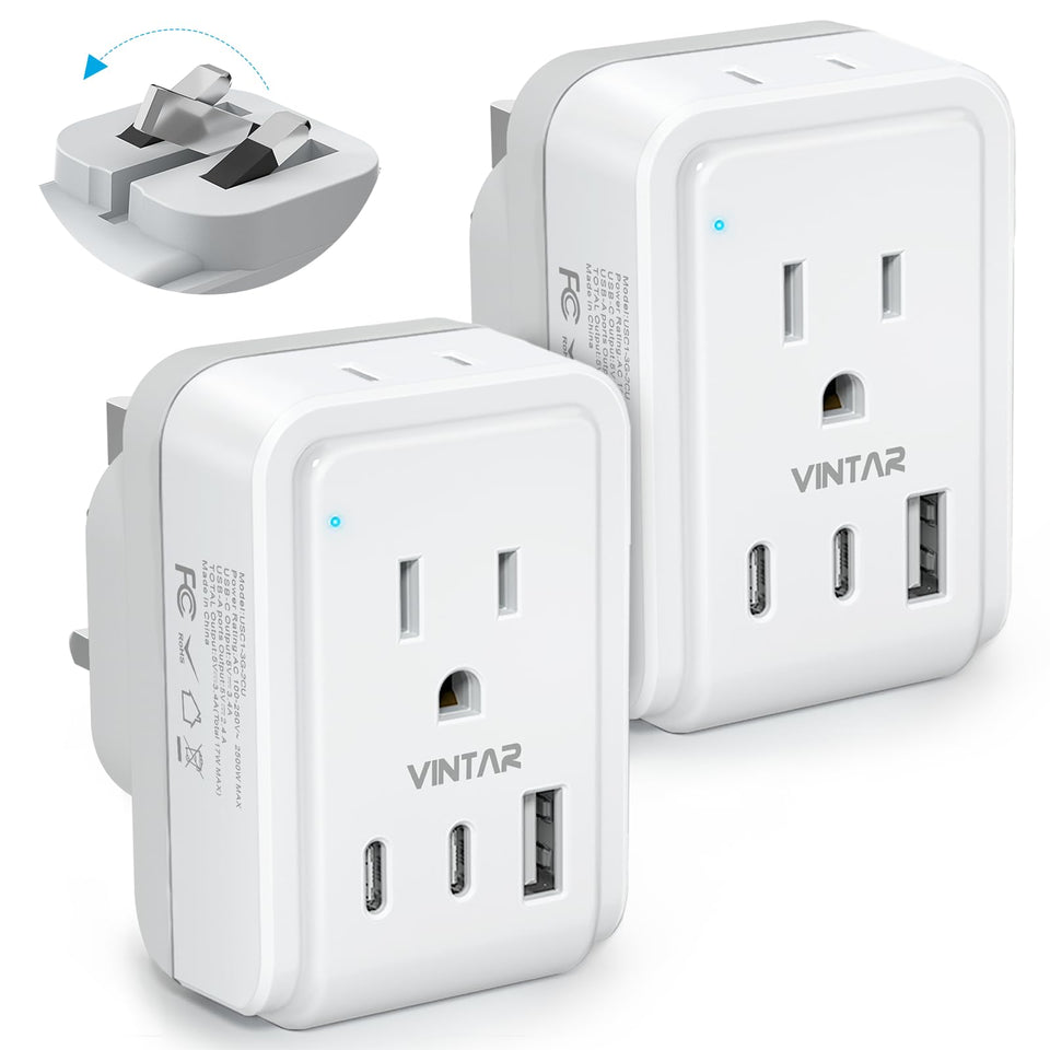 VINTAR foldable Type G adapter with folded prongs for compact travel.