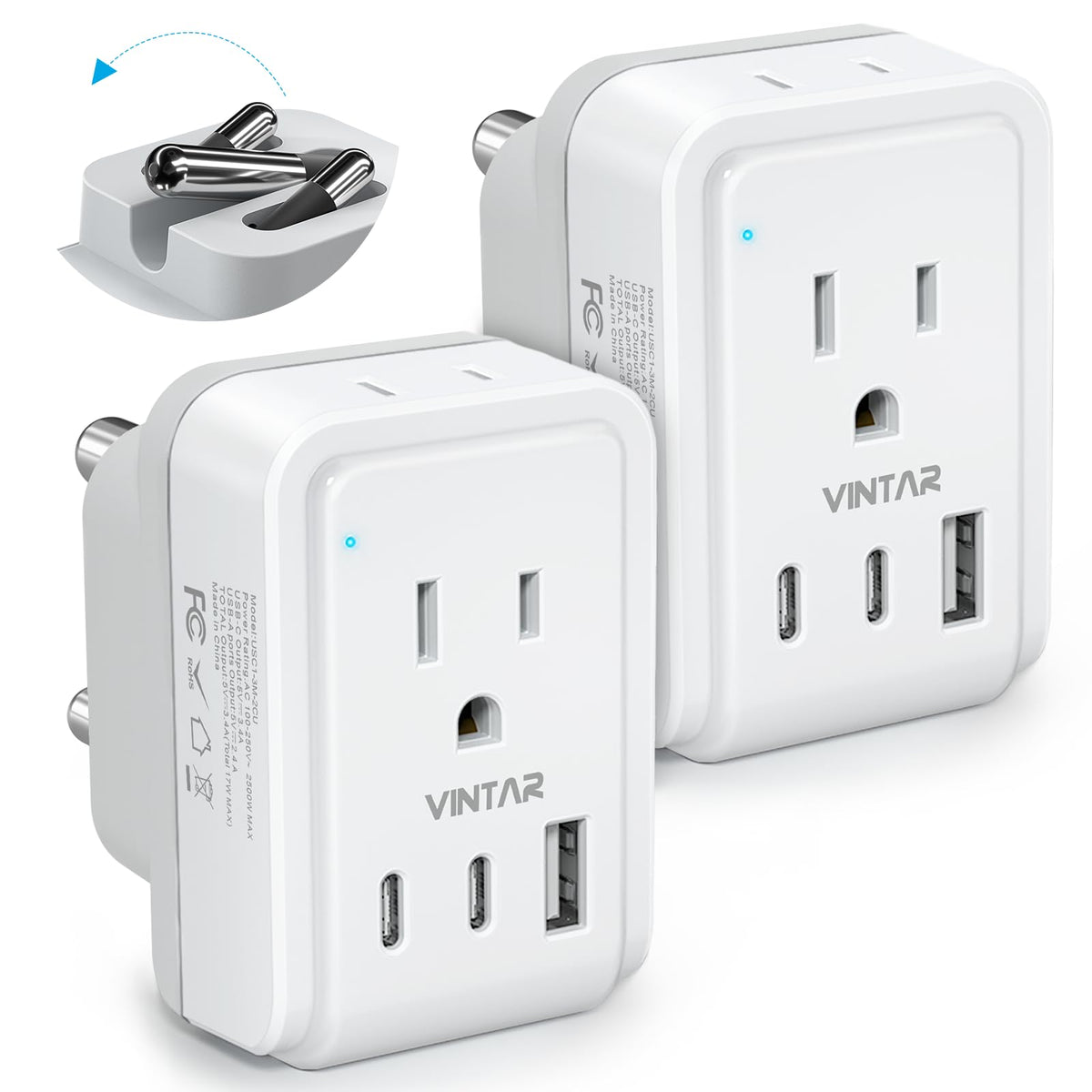 VINTAR foldable Type M adapter in compact travel form for South Africa.