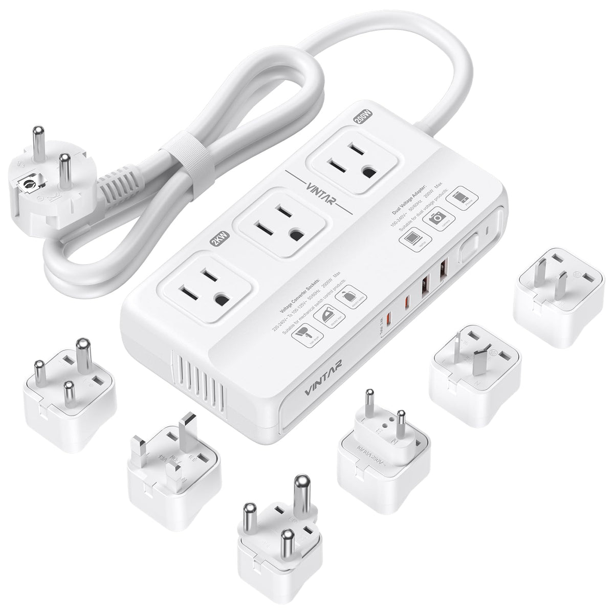 VINTAR front panel showing outlets and adapters for easy worldwide use