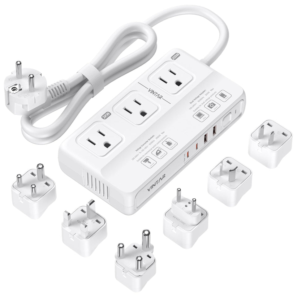 VINTAR front panel showing outlets and adapters for easy worldwide use