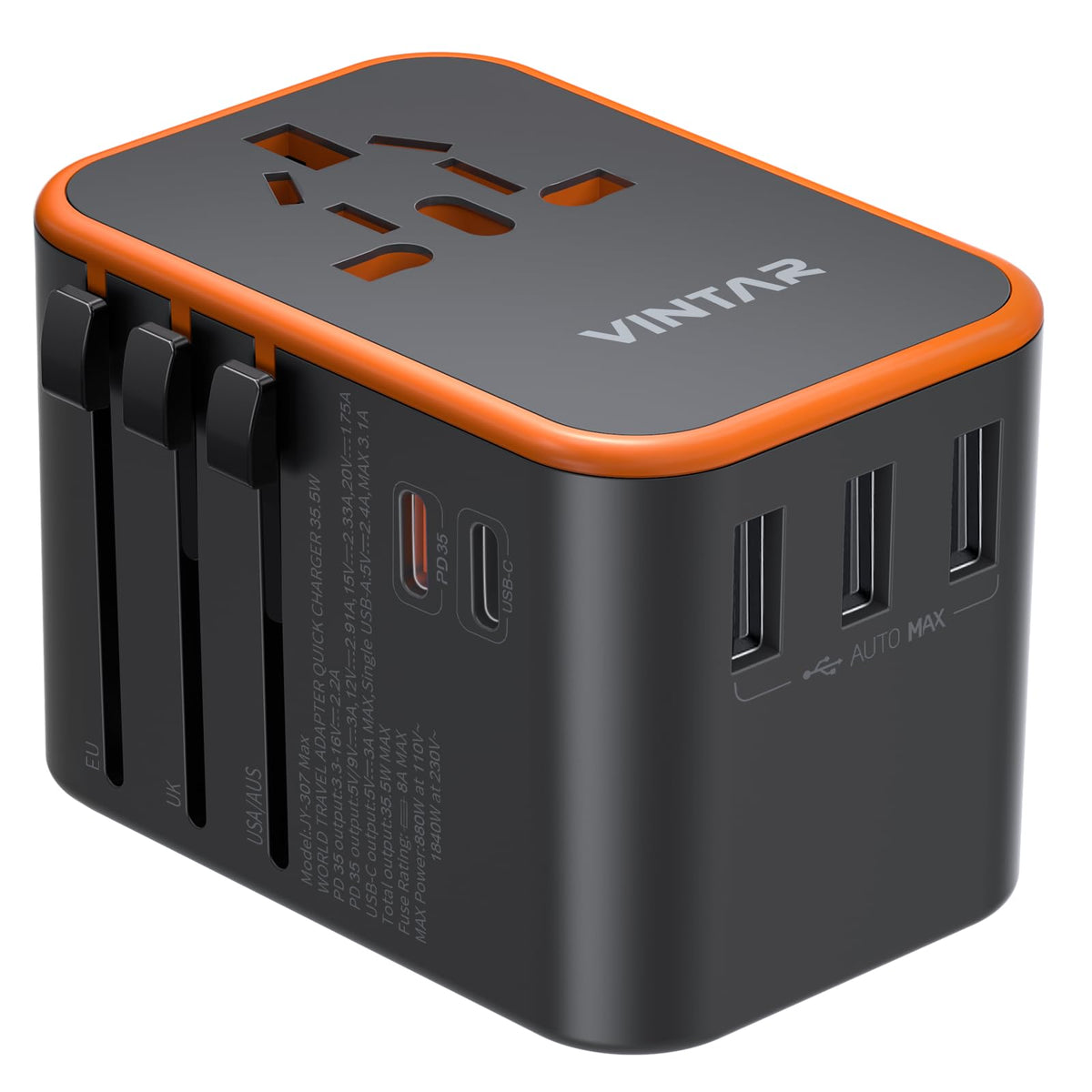 VINTAR front view showing orange body and AC outlet, easy recognition benefit