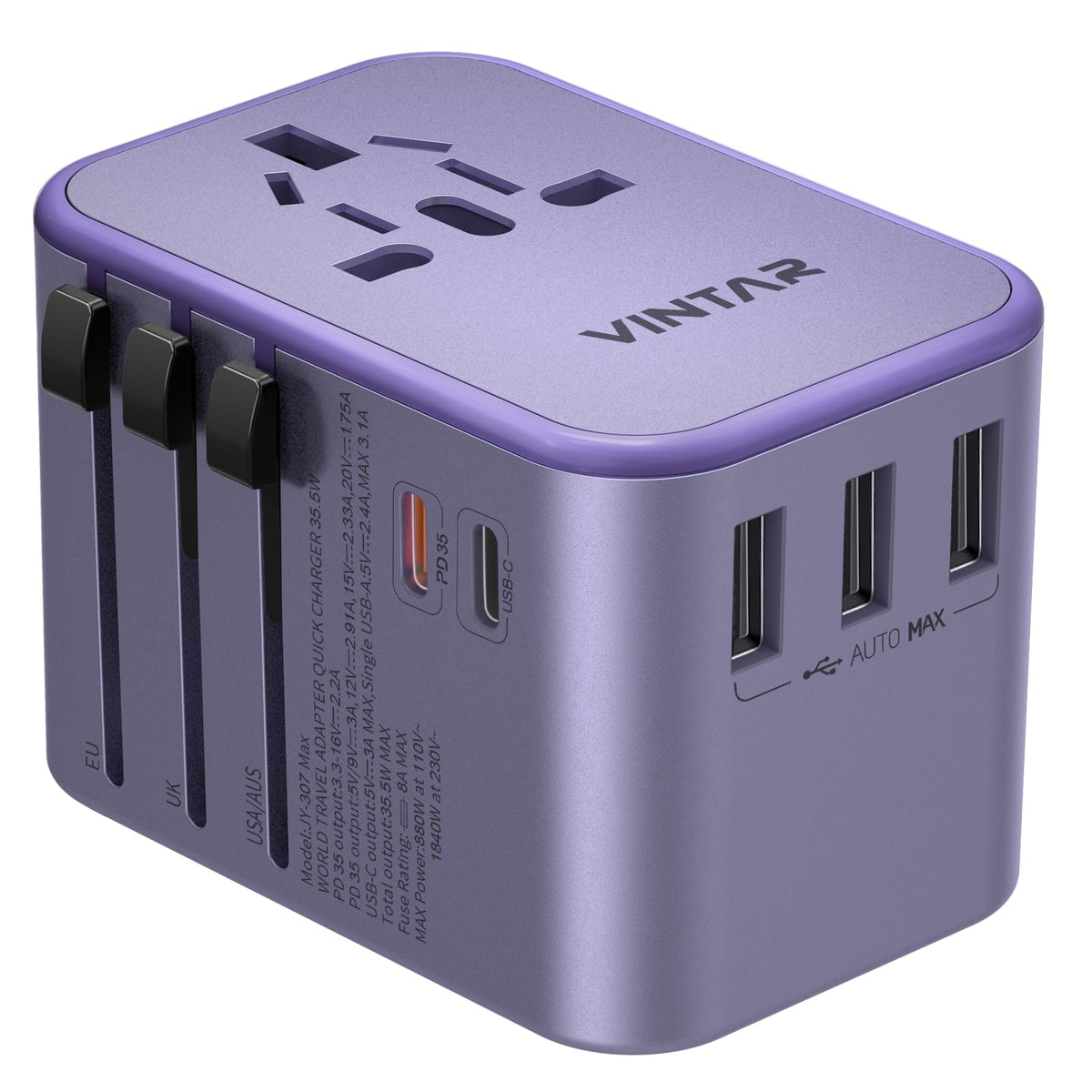 VINTAR front view showing purple adapter and universal outlet for easy packing benefit