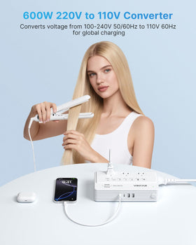VINTAR in use on a hotel desk powering laptop and CPAP for travel convenience