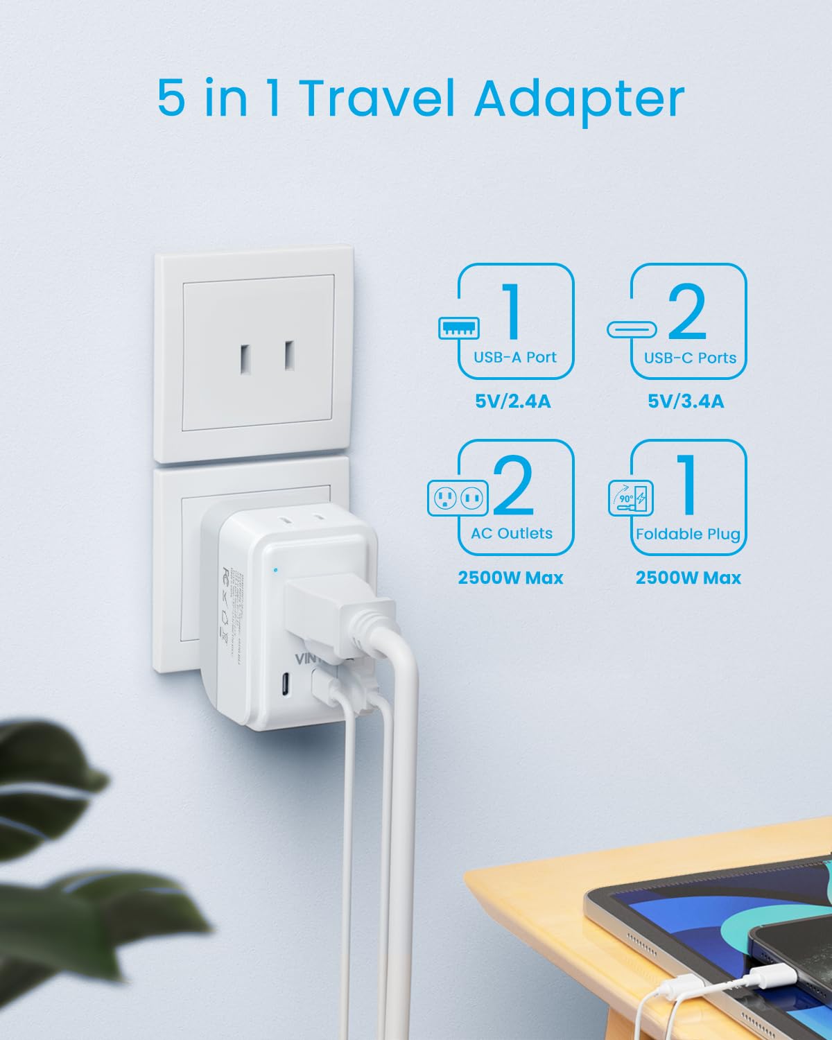 VINTAR adapter plugged into wall outlet charging a smartphone, enabling simultaneous power