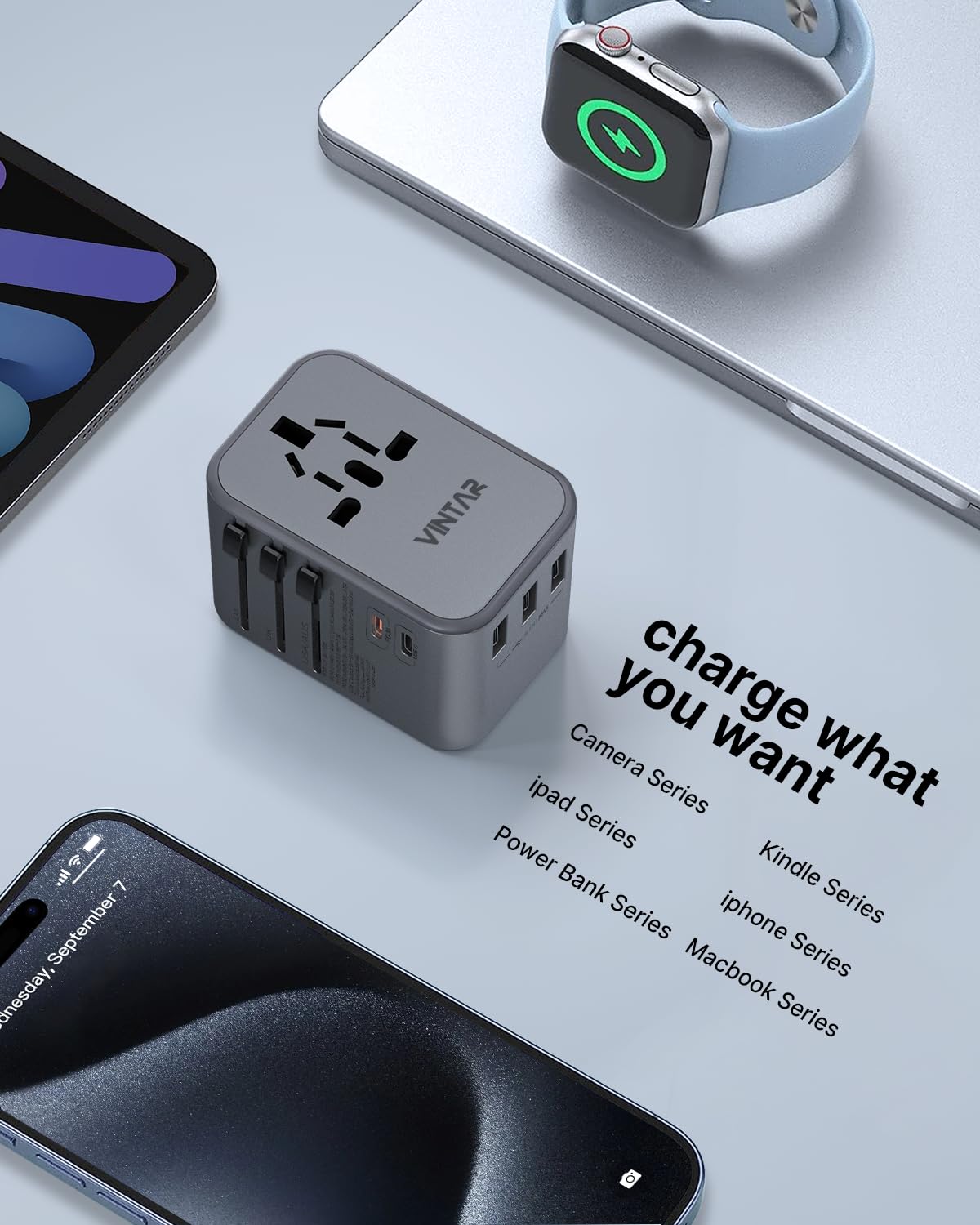 VINTAR on travel desk next to phone and passport for efficient charging