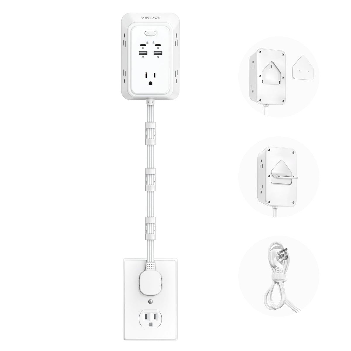 VINTAR outlet extender 9-in-1 with flat plug behind couch for tidy charging