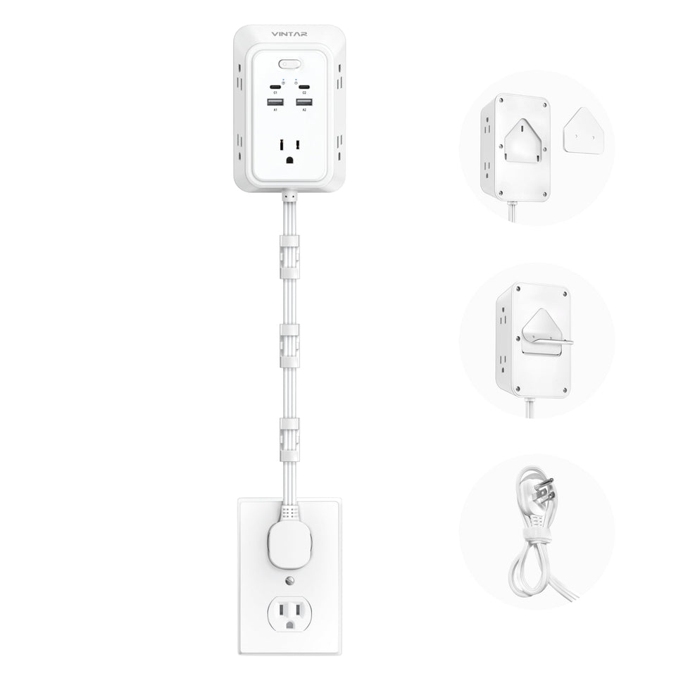 VINTAR outlet extender 9-in-1 with flat plug behind couch for tidy charging