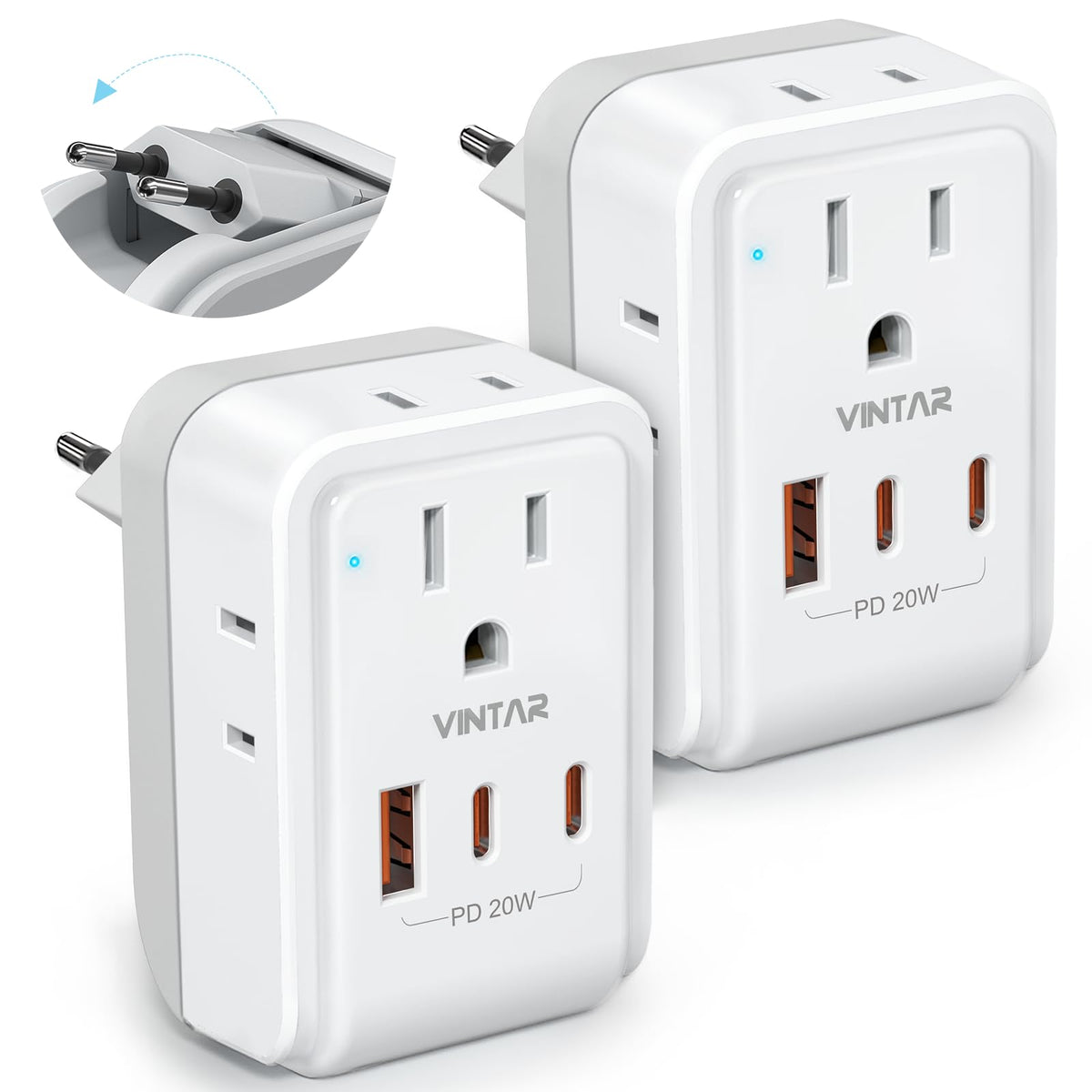 VINTAR PD 20W foldable European travel plug adapter close-up showing compact design