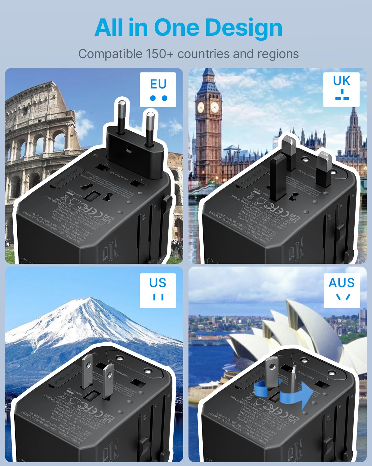 VINTAR plugs extended showing global plug modules for worldwide use