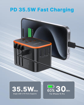 VINTAR closeup of USB‑C and USB‑A ports and AC socket, fast charging benefit