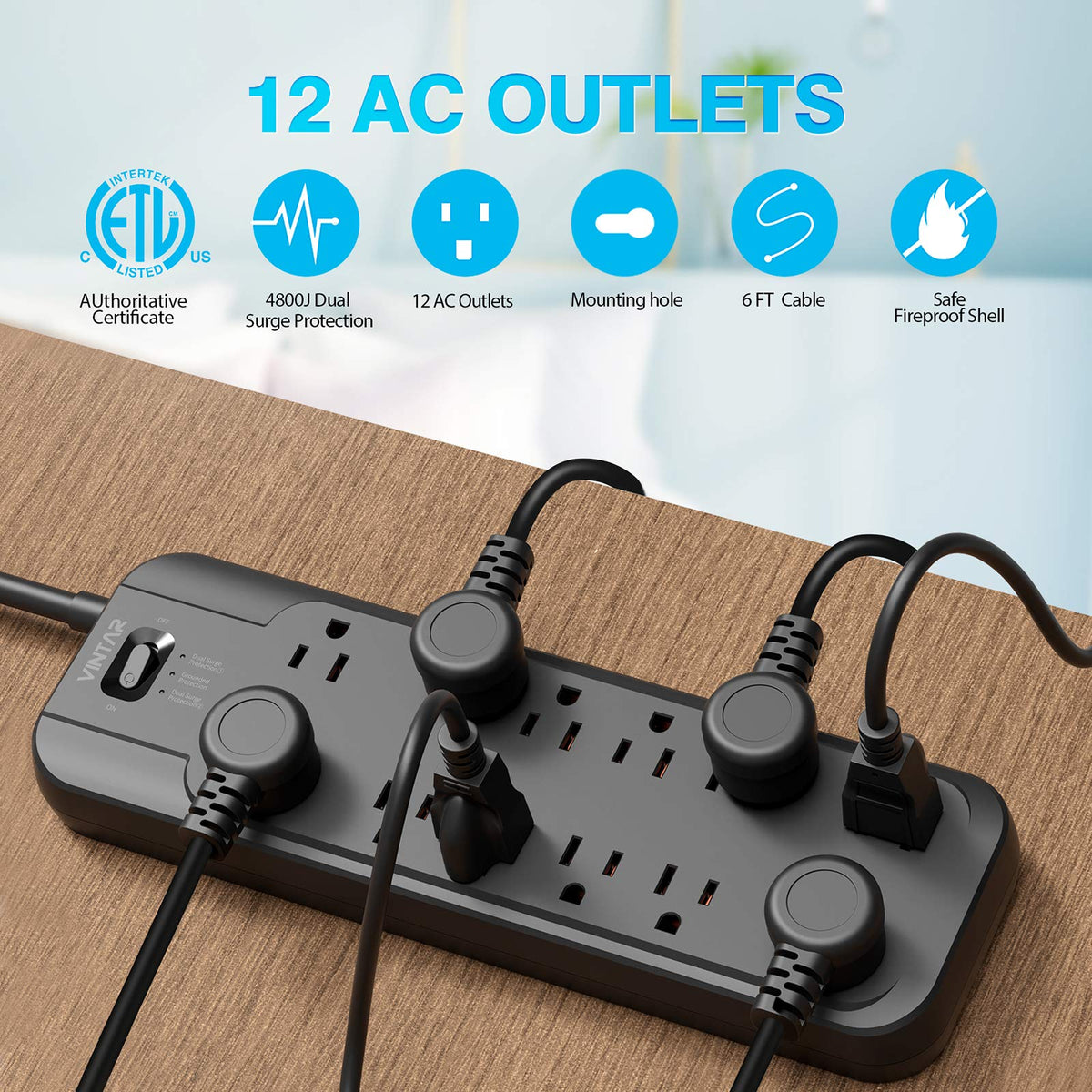 VINTAR 6-foot cord provides flexible reach for desks and entertainment centers.
