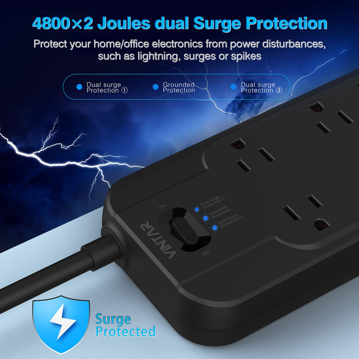 VINTAR power strip with wide-spaced outlets to fit large adapters.
