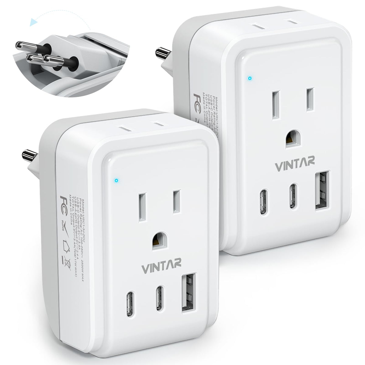 VINTAR adapter front view showing two AC outlets and three ports for easy charging