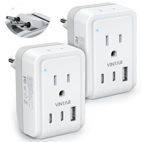 VINTAR adapter front view showing two AC outlets and three ports for easy charging