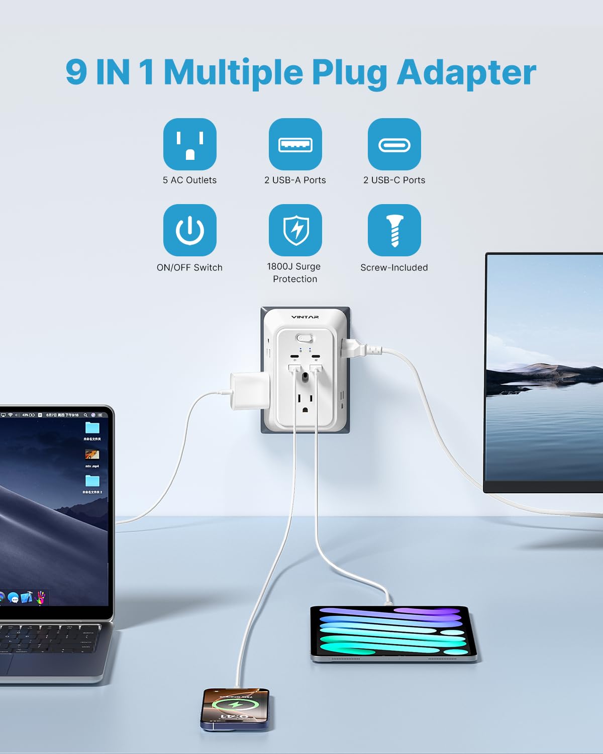 VINTAR three-sided design keeps larger adapters accessible
