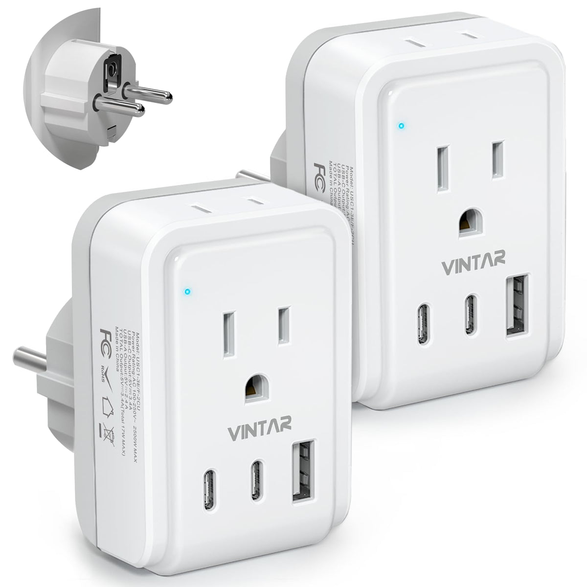 VINTAR Type E/F adapter front view showing 2 outlets and USB ports for on-the-go charging