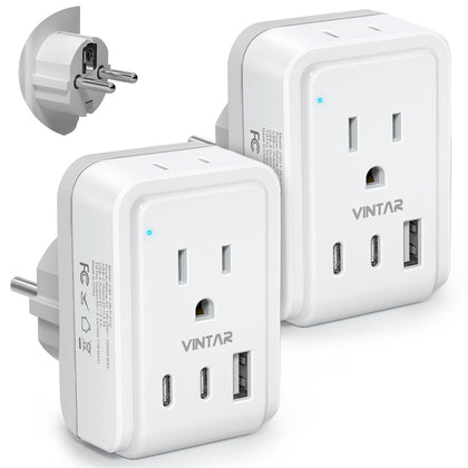 VINTAR Type E/F adapter front view showing 2 outlets and USB ports for on-the-go charging