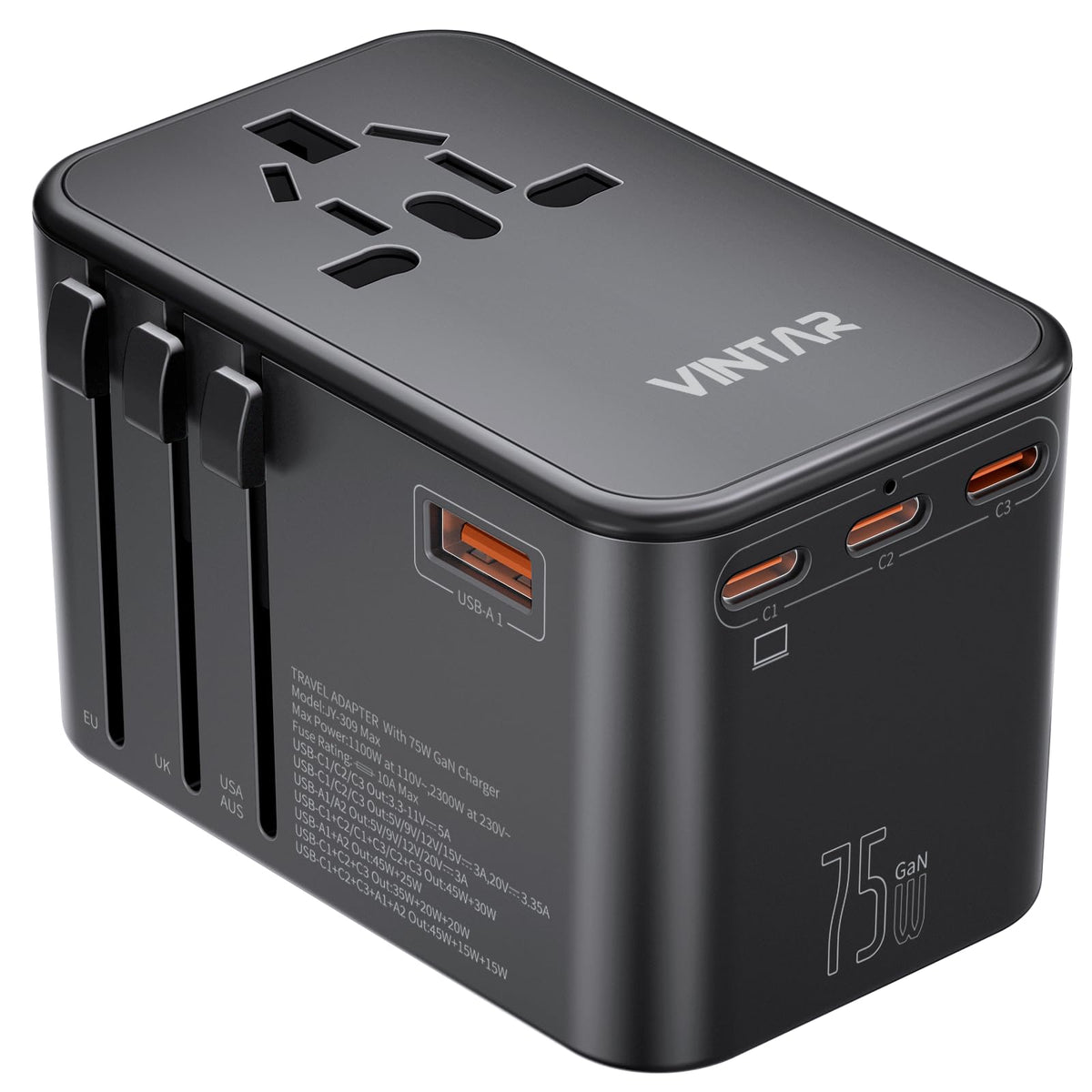 VINTAR front view showing ports and universal AC for versatile charging