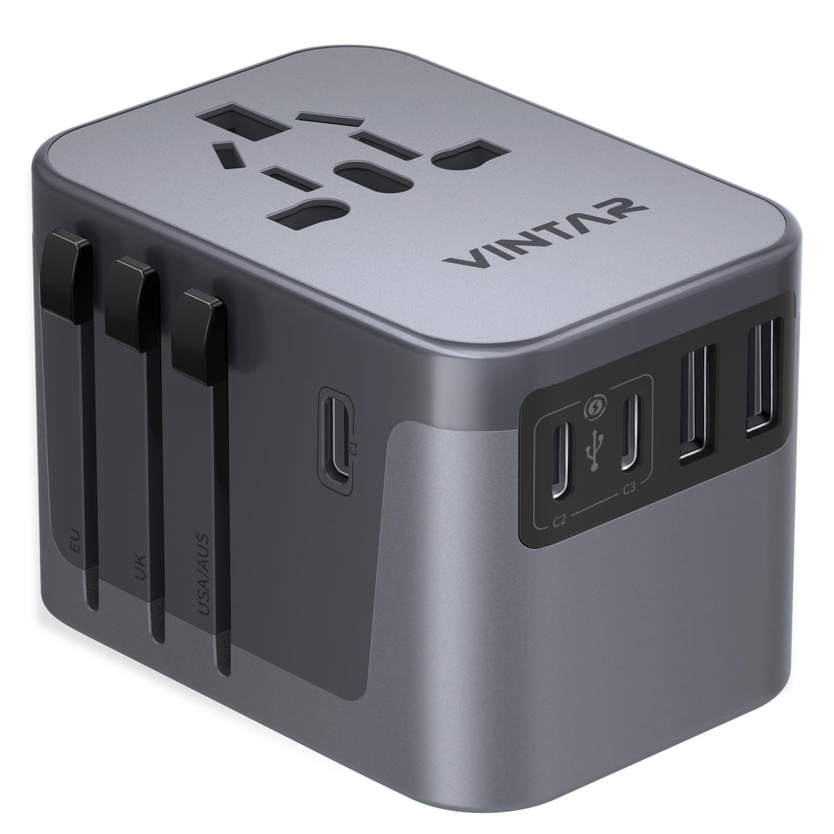 VINTAR universal travel adapter front view with global plug options.