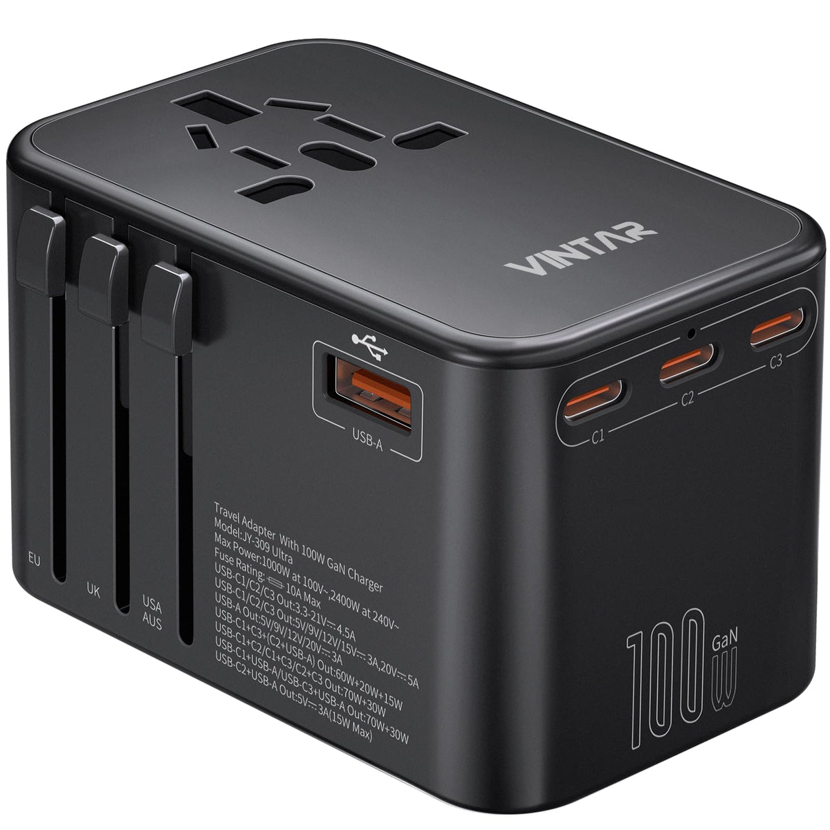 VINTAR universal travel adapter front view shows a compact design for easy packing.