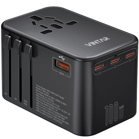 VINTAR universal travel adapter front view shows a compact design for easy packing.