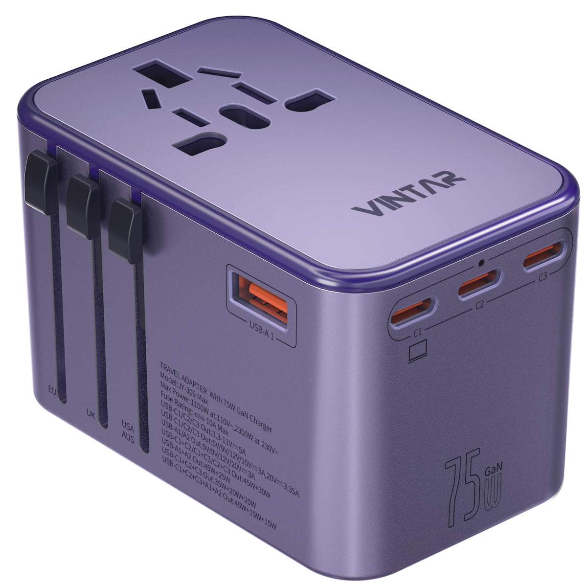 VINTAR adapter front view showing AC outlet and purple finish, convenient charging