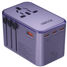 VINTAR adapter front view showing AC outlet and purple finish, convenient charging