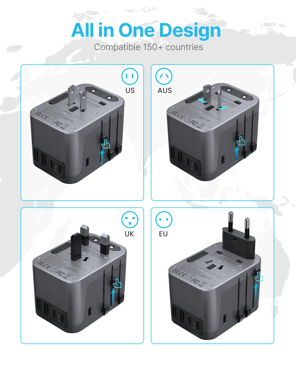 VINTAR travel adapter ports visible for charging multiple devices.