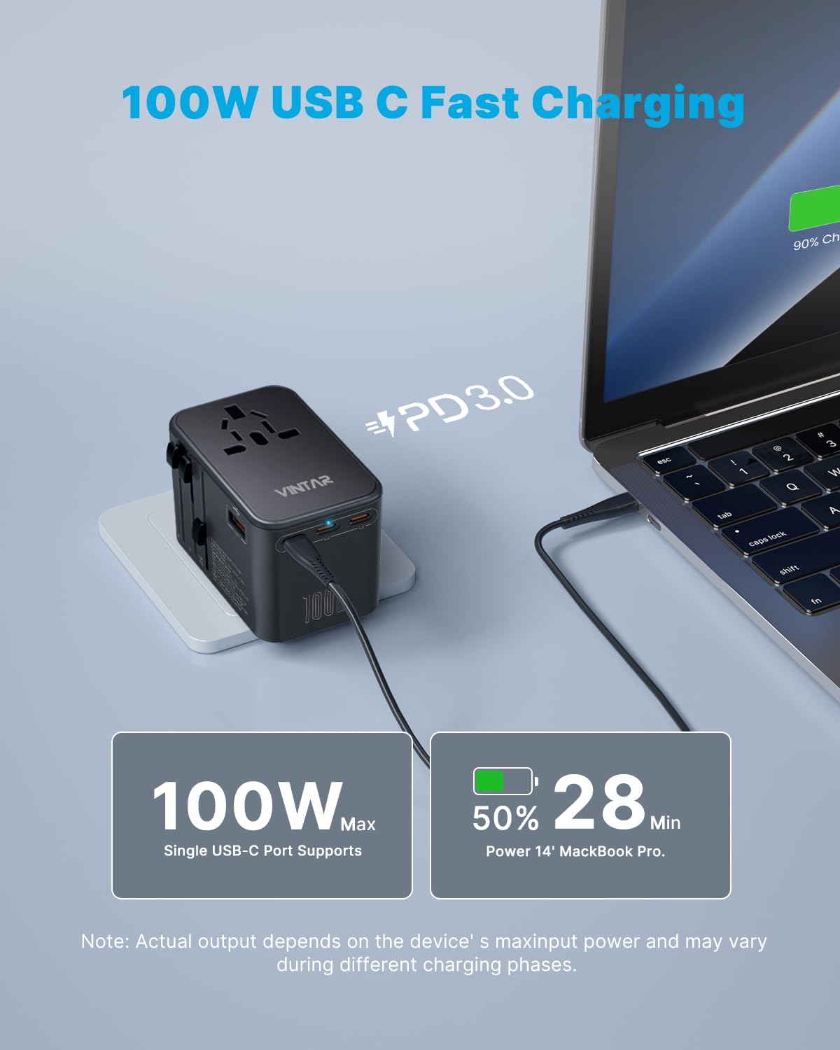 VINTAR universal travel adapter side ports display multiple output options for devices.