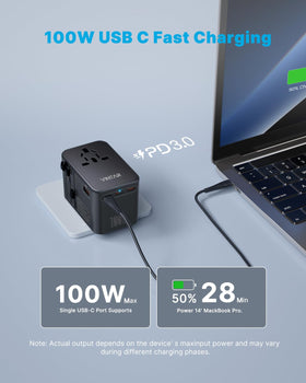 VINTAR universal travel adapter side ports display multiple output options for devices.