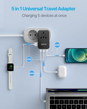 VINTAR USB-C PD ports power laptops and phones simultaneously.