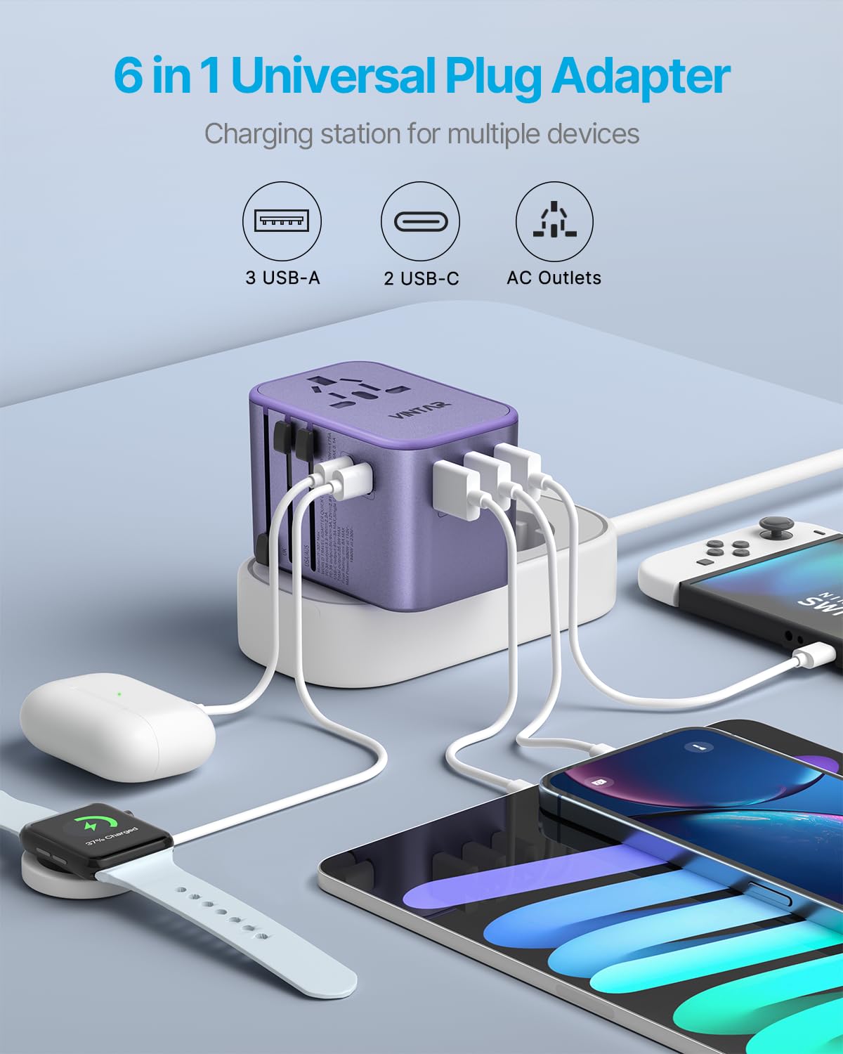 VINTAR USB ports close detail highlighting 35.5W PD and QC ports for fast charging benefit