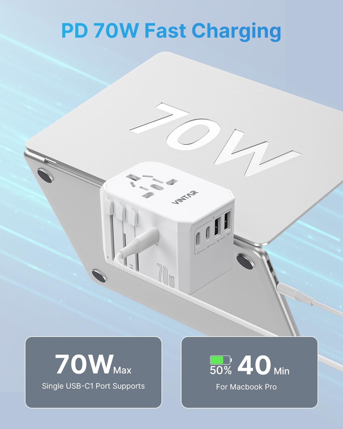 VINTAR close-up of USB-C ports highlighting 70W fast-charge capability
