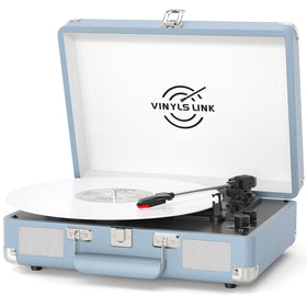 VINYLS LINK front suitcase turntable showcasing blue finish and ready-to-play portability