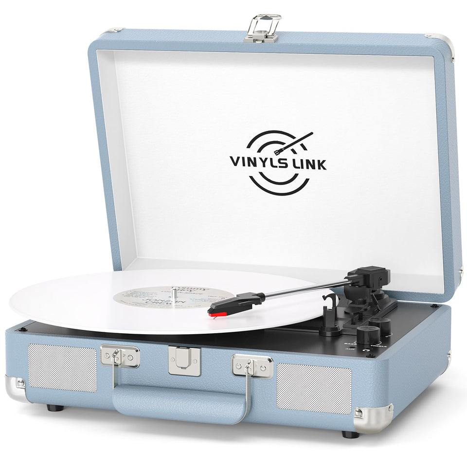 VINYLS LINK front suitcase turntable showcasing blue finish and ready-to-play portability