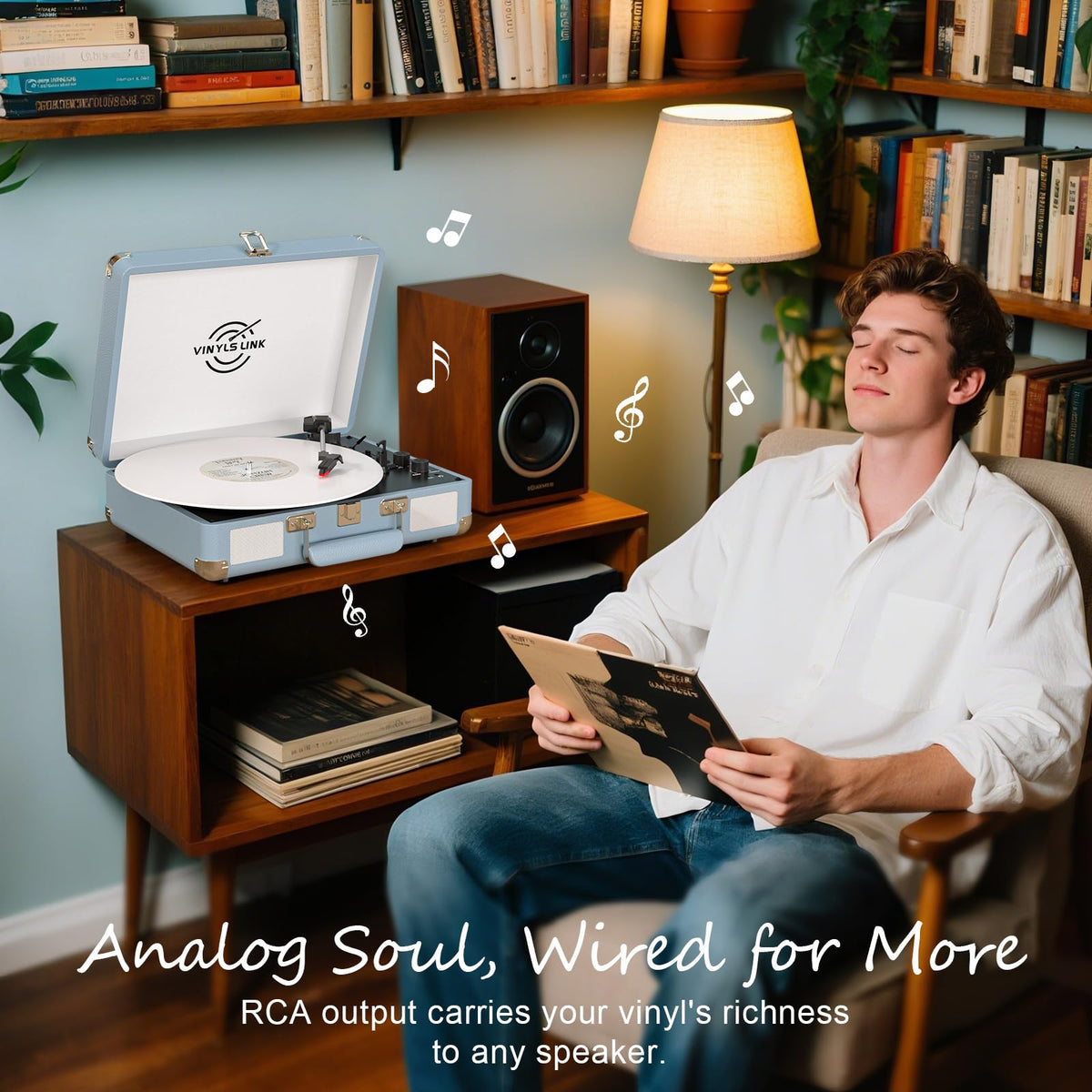 VINYLS LINK overhead view playing a 12-inch record showing compatibility and action