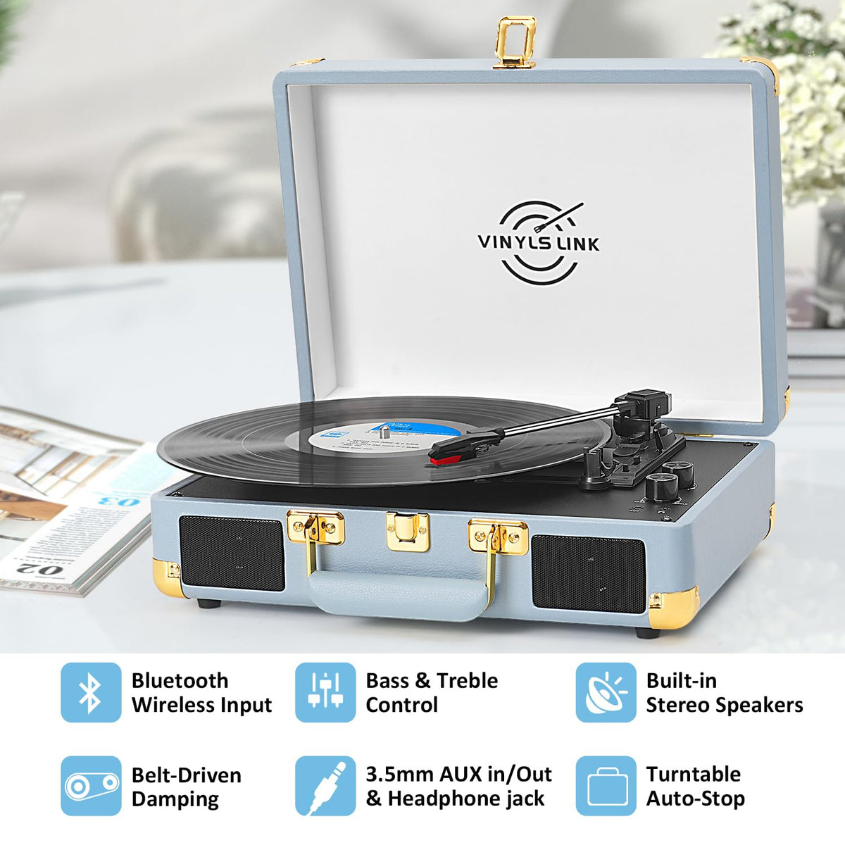VINYLS LINK 45RPM adaptor and auto-stop simplify playing records