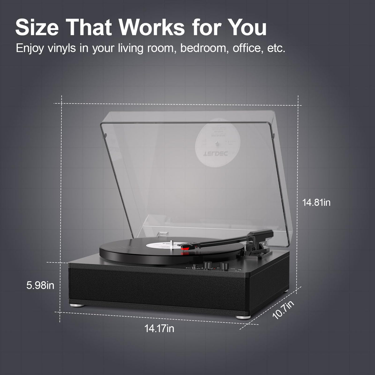 VINYLS LINK vinyl record player Bluetooth input/output for flexible wireless playback.