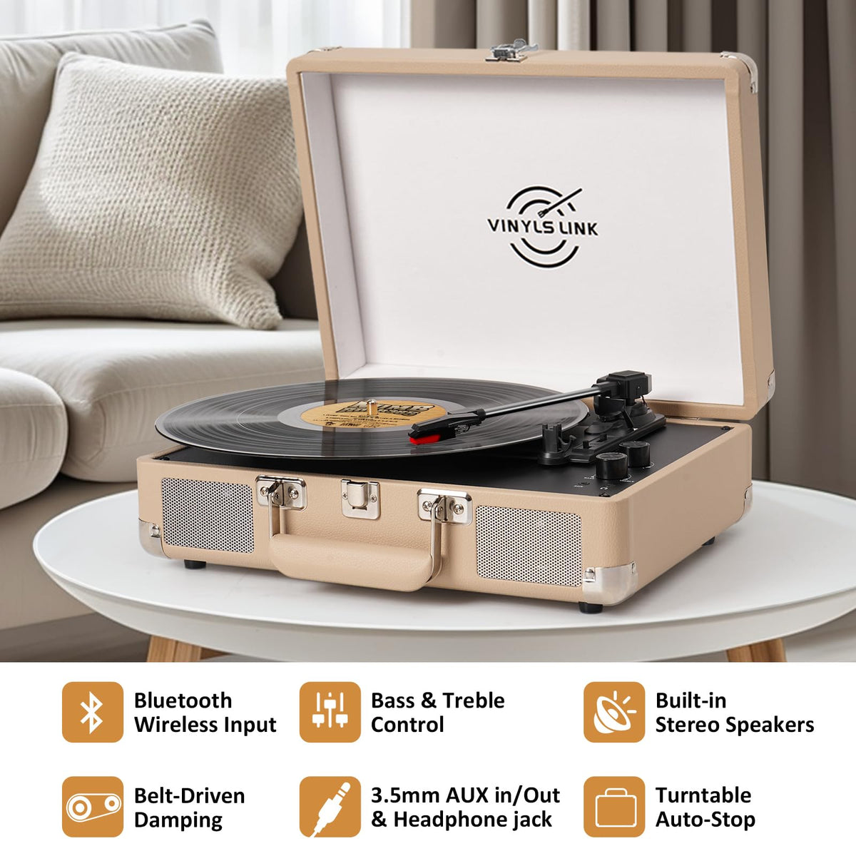 VINYLS LINK built-in speaker grill showing stereo output for instant sound benefit