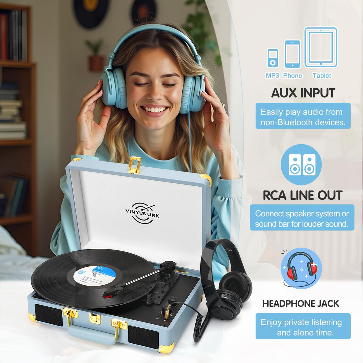 VINYLS LINK built-in speakers provide clear sound for immediate enjoyment