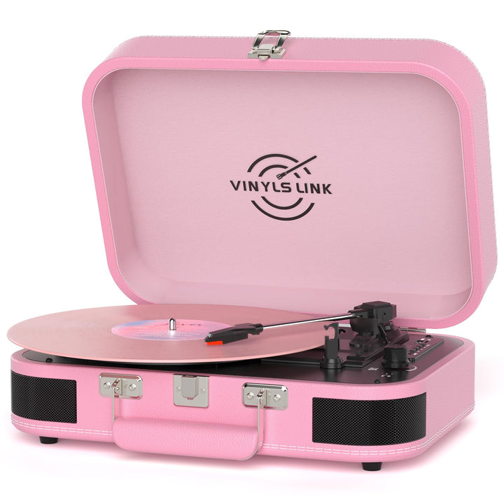 VINYLS LINK front suitcase turntable showing pink exterior and latch, stylish portability