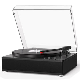VINYLS LINK vinyl record player with full-size stereo speakers for immersive listening.