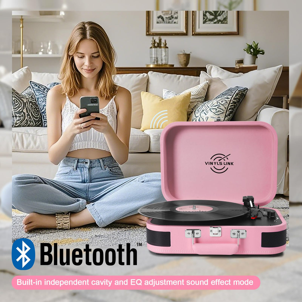 VINYLS LINK player in use with headphones offering private listening enjoyment