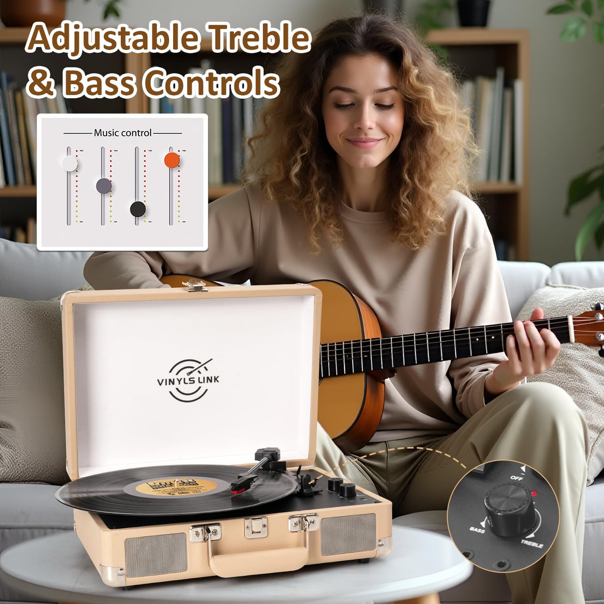 VINYLS LINK treble and bass control knob close-up for quick sound adjustment benefit
