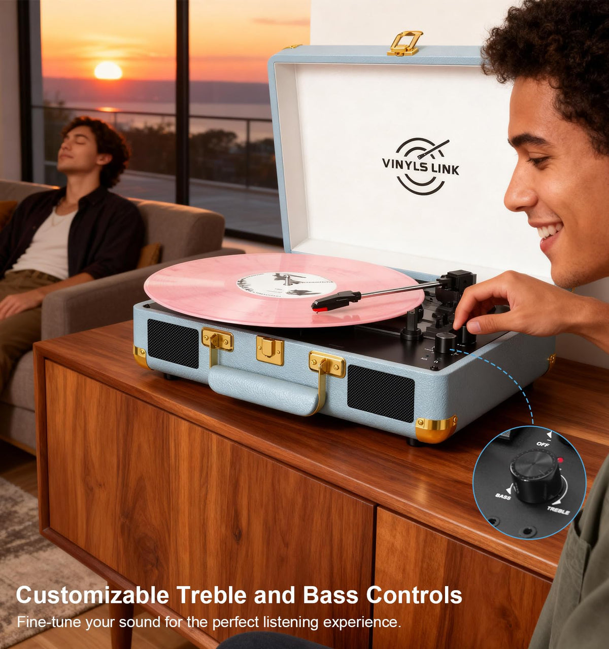 VINYLS LINK built-in stereo speaker grills delivering warm analog audio